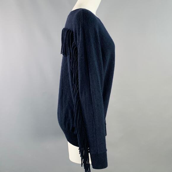 MINNIE ROSE Size M Navy Cashmere Fringe Crew Neck Pullover - Picture 2 of 6